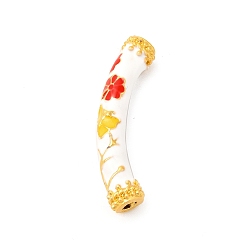 White Pack Plating Alloy Enamel Beads, Matte Gold Color, Curved Tube with Flower, White, 9.5x37x7mm, Hole: 3mm