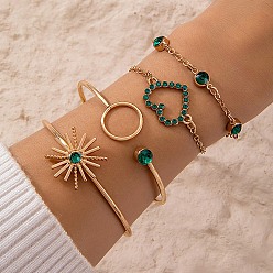 Sun Light Gold Alloy Bangle and Bracelets Set, Glass Rhinestone Jewelry Set, Sun, 170mm, 4pcs/set