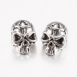 Antique Silver Tibetan Style Alloy Beads, Skull, Antique Silver, 12x9x10mm, Hole: 1.5mm