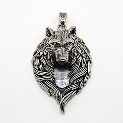 Crystal Retro Men's 304 Stainless Steel Steel Big Wolf Head Pendants, with Rhinestone, Antique Silver, Crystal, 74x45x18mm, Hole: 10x7mm