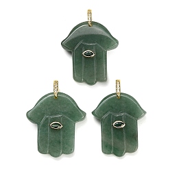 Green Aventurine Natural Green Aventurine Carved Pendants, Religion Hamsa Hand Charms, with Brass Pave Cubic Zirconia Findings, Golden, 36.5~39x33~35x8~9mm, Hole: 6.5x8mm