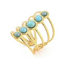 Golden Synthetic Turquoise Beaded Open Cuff Ring, 304 Stainless Steel Hollow Ring, Golden, Inner Diameter: 16.8mm