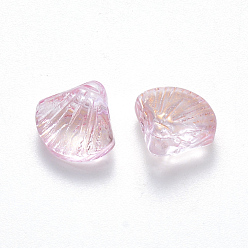 Pink Transparent Spray Painted Glass Beads, Top Drilled Beads, with Glitter Powder, Scallop Shape, Pink, 10x10.5x6mm, Hole: 1mm