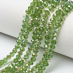 Lime Green Electroplate Glass Beads Strands, Half Plated, Rainbow Plated, Faceted, Rondelle, Lime Green, 4x3mm, Hole: 0.4mm, about 123~127pcs/strand, 16.5~16.9 inch(42~43cm)