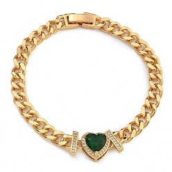 Зеленый Латунь микро проложить кубические циркониевые браслеты, со стеклом, реальный 18 k позолоченный, сердце, зелёные, 6-1/2 дюйм (16.5 см)