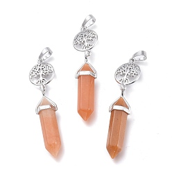 Red Aventurine Natural Red Aventurine Pointed Big Pendants, with Platinum Plated Brass Findings, Faceted, Bullet & Tree of Life, 59~67x14~15mm, Hole: 7x5mm
