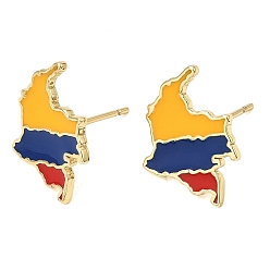 Real 18K Gold Plated Brass Enamel Stud Earrings, Map, Rack Plating, Long-Lasting Plated, Cadmium Free & Lead Free, Real 18K Gold Plated, 13.5x12.5mm, Pin: 13.5x1mm