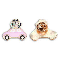 Pearl Pink Car with Gift Box Shape Enamel Pin, Light Gold Plated Alloy Vehicle Badge for Backpack Clothes, Nickel Free & Lead Free, Pearl Pink, 26x27.5mm