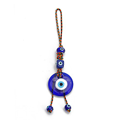 Round Evil Eye Glass Pendant Decorations, Tassel Hemp Rope Hanging Ornament, Royal Blue, Round Pattern, 185mm