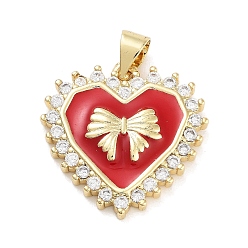Красный Стойка металлическая латунная микропрофилированная кубическая циркония подвески, с эмалью, долговечный, без свинца и без кадмия, реальный 18 k позолоченный, сердце с бантом, красные, 20.5x20x3.5 мм, отверстие : 5x3.5 мм