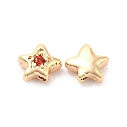 Red Brass Cubic Zirconia Beads, Star, Real 18K Gold Plated, Red, 7x8x4mm, Hole: 1mm