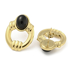 Black Agate Real 18K Gold Plated 304 Stainless Steel Oval Stud Earrings, with Natural Black Agate, Ion Plating(IP), 26x20mm