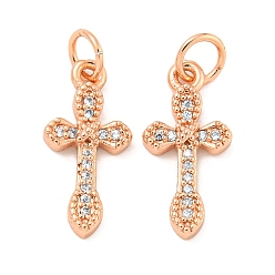 Розовое Золото Покрытие стойки латунь микропаве прозрачные подвески из кубического циркония, долговечный, с прыжковых колец, без свинца и без кадмия, крестик, розовое золото , 17x8x2 мм, отверстие : 3 мм