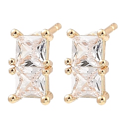 Light Gold Brass Pave Clear Cubic Zirconia Rectangle Stud Earrings, for Women, Light Gold, 10x5.5mm