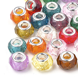 Mixed Color Acrylic European Beads, Large Hole Beads, with Silver Color Plated Brass Cores, Faceted, Rondelle, Mixed Color, 13~14x9~10mm, Hole: 4.5mm