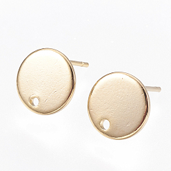 Real 18K Gold Plated Brass Stud Earring Findings, with Loop, Hole, Flat Round, Nickel Free, Real 18K Gold Plated, 10mm, Hole: 1mm, Pin: 0.8mm