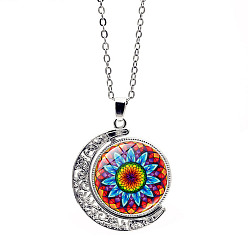 Colorful Glass Moon with Mandala Flower Pendant Necklace, Stainless Steel Jewelry for Women, Colorful, 17.72 inch(45cm)