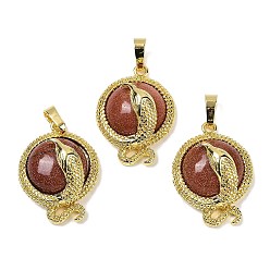 Камень с Пылевым Золотом Синтетический авантюрин плоские круглые латунные подвески, стойки покрытие, без кадмия и без свинца, золотые, 29.5x21.5x9.5~11 мм, отверстие : 7.5x4.5 мм