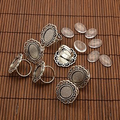 Antique Silver 13x18mm Oval Transparent Glass Cabochons and Iron Flower Finger Ring Components Alloy Cabochon Bezel Settings for DIY, Antique Silver, 17mm inner diameter, Tray: 13x18mm