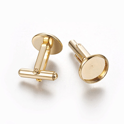 Golden 304 Stainless Steel Cufflinks Settings, Flat Round, Golden, Tray: 12mm, 26.5x14mm