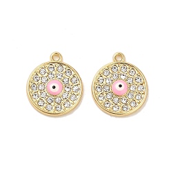 Rose Nacré Plaqué or pendentifs en alliage d'émail, avec strass, plaqué longue durée, plat rond avec breloque mauvais œil, perle rose, 18x15x3mm, Trou: 1.5mm