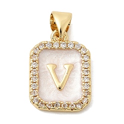 Letter V Латунные микропаве прозрачные подвески с фианитом, с эмалью, без кадмия и без свинца, долговечный, стойки покрытие, реальный 18 k позолоченный, Буква V, 16.5x12x2 мм, отверстие : 4x3 мм