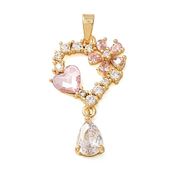 Oro Micro latón allanan colgantes cúbicos del zirconia, con diamante de imitación, corazón con dijes de flores, rosa, dorado, 26x14.5x4.3 mm, agujero: 4x2.3 mm