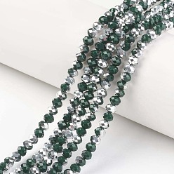 Dark Green Electroplate Opaque Glass Beads Strands, Half Silver Plated, Faceted, Rondelle, Dark Green, 4x3mm, Hole: 0.4mm, about 130pcs/strand, 16.54 inch(42cm)
