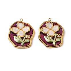 Темно-Красный 304 нержавеющей стальной эмали подвески, со стразами, плоская круглая с подвеской в виде цветка, золотые, темно-красный, 24x21x2.5 мм, отверстие : 1.5 мм