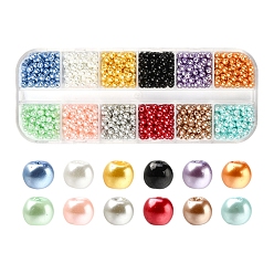 Mixed Color 1200Pcs 12 Color Baking Painted Pearlized Glass Pearl Bead, Round, Mixed Color, 3~4mm, Hole: 0.5mm, 100pcs/color