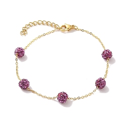 Old Rose 6mm Round Polymer Clay Rhinestone Link Bracelets, 304 Stainless Steel Cable Chain Bracelets for Women, Real 24K Gold Plated, Old Rose, 7-1/4 inch(18.5cm), Bead: 6mm