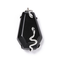 Obsidian Natural Obsidian Pendants, with Stainless Steel Color Plated 304 Stainless Steel Snake Findings, Hexagon, 37x20x12.5mm, Hole: 3.5mm