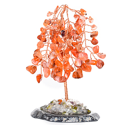 Carnelian Natural Carnelian Display Decoration, with Brass Wire, Agate Slice Base, for Home Desk Decorations, Tree of Life, 50~70x100mm