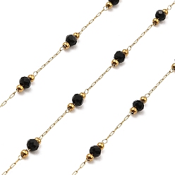 Black Rondelle Glass Beaded Link Chains, with Golden 304 Stainless Steel Paperclip Chains, Soldered, with Spool, Black, 3x2.5mm, 2mm, about 32.81 Feet(10m)/Roll