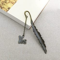 Word Glow in The Dark Bookmark, Luminous Alloy Feather Shape Bookmark, Word Yes Pendant Bookmark, Antique Bronze, Word, 115mm