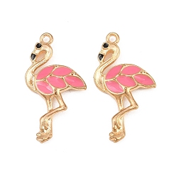 Hot Pink Alloy with Enamel Pendants, Flamingo Shape Charms, Light Gold, Hot Pink, 29.5x16x3mm, Hole: 1.6mm