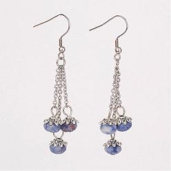 (306FM) Жонкиль матовый с лаймовой подкладкой Серьги с натуральным синим пятном яшмы, с крючками из нержавеющей стали серьги, 64 мм, штифты : 0.8 мм