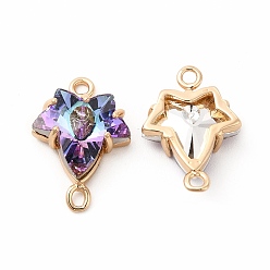 Amethyst Brass with K9 Glass Connector Charms, Golden Maple Leaf Links, Amethyst, 20x14x5.5mm, Hole: 1.5mm