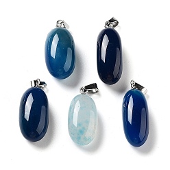 Marine Blue Natural Agate Dyed Pendants, Oval Charms with Stainless Steel Color Plated Stainless Steel Snap on Bails, Marine Blue, 21~32x9.5~16.5x10.5x7.5~12.5mm, Hole: 6x3mm