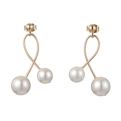 Golden Shell Pearl Round Ball Drop Earings, Brass Stud Earrings, Golden, 36x22mm