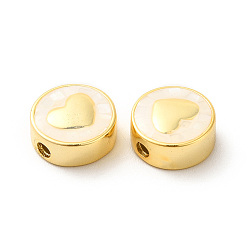 Antique White Rack Plating Brass Enamel Beads, with Shell Chips, Long-lasting Plated, Cadmium Free & Lead Free, Flat Round with Heart, Golden, Antique White, 11x4.5mm, Hole: 1.8mm