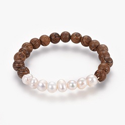 Saddle Brown Natural Pearl Stretch Bracelets, with Sandalwood Beads, Saddle Brown, 2-1/4 inch(5.8cm)