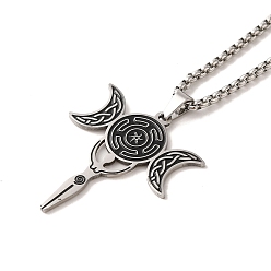 Stainless Steel Color 304 Stainless Steel Enamel Pendant Necklaces, Triple Moon Goddess Pendants, Stainless Steel Color, 19.29 inch(49cm)