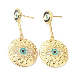 Cyan Brass Micro Pave Cubic Zirconia Stud Earrings, with Enamel, Flat Round with Evil Eye, Cadmium Free & Lead Free, Real 18K Gold Plated, 36mm, Pin: 0.8mm