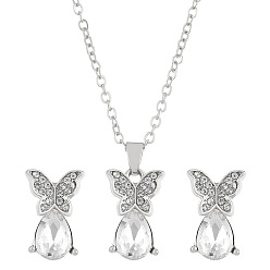 Platinum Alloy Butterfly Jewerly Set, Crystal Rhinestone Teardrop Pendant Necklace and Stud Earrings, Platinum, 500mm, 18x11mm