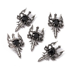 Obsidian Natural Obsidian Pendants, Sword Charms, with Rack Plating Antique Silver Tone Alloy Findings, Cadmium Free & Lead Free, Faceted, 48x29x6.5mm, Hole: 6x3.5mm