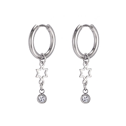 Stainless Steel Color Stainless Steel Dangle Hoop Earrings, Hollow Star, Stainless Steel Color, 30x16mm