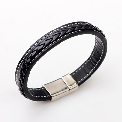 Black Imitation Leather Cord Bracelets, with Titanium Steel Magnetic Buckle, Black, 210mm(8-1/4 inch)