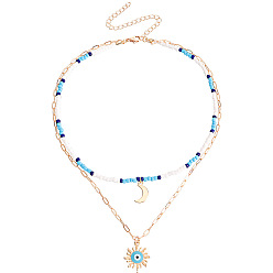 1# Blue Tone Bohemian Mixed Color Beaded Crescent Evil Eye Pendant Necklace for Women