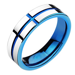 Blue Stainless Steel Grooved Cross Finger Ring for Easter, Blue, US Size 7(17.3mm)
